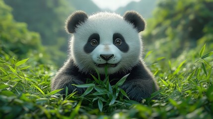 Fototapeta premium Adorable Panda Cub Eating Bamboo in Lush Forest
