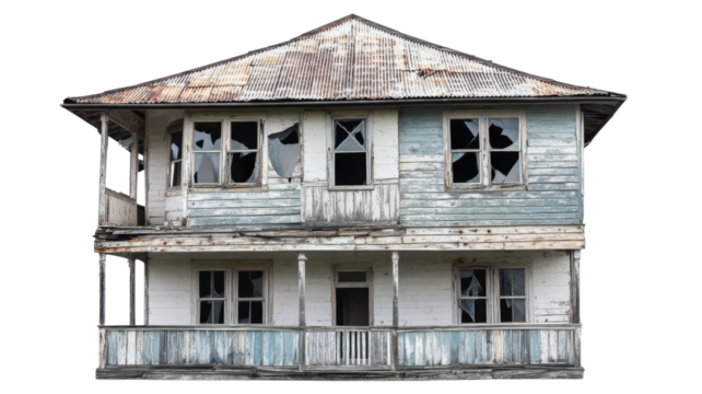 Abandoned house with broken windows and transparent background