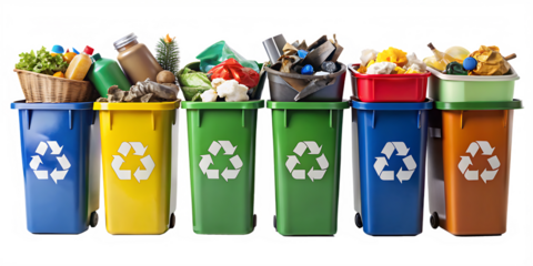Colorful Recycling Bins Filled with Various Waste Materials for Eco-Friendly Waste Management isolated on white background as transparent. PNG. AI GENERATED