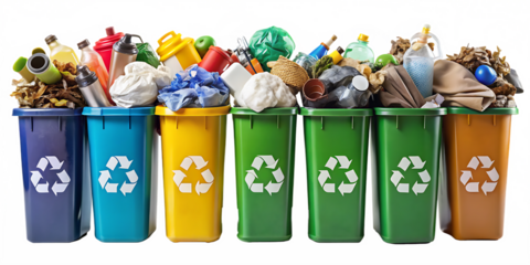 Colorful Recycling Bins Filled with Various Waste Materials for Eco-Friendly Waste Management isolated on white background as transparent. PNG. AI GENERATED