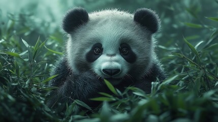 Obraz premium Adorable Panda Cub Amidst Lush Bamboo Forest