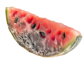 decayed watermelon wedge with soft watery texture and black mold, spoiled fruit slice with fungal contamination and decomposition, on isolated background
