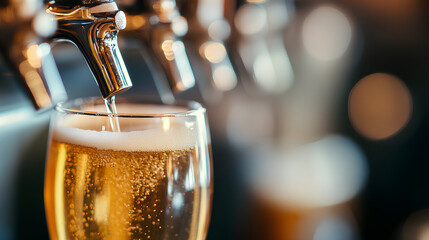 A close-up of golden beer being poured from a tap into a glass, creating a foamy head. The background features a blurred bar setting with warm bokeh lights, adding to the inviting ambiance