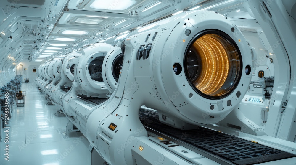 Poster A high-tech manufacturing facility features advanced robotic systems seamlessly integrated into the production line, showcasing automation and engineering efficiency.