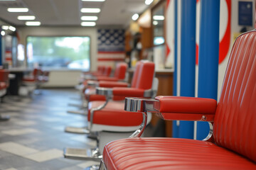 Classic barbershop interior with red chairs and American flag decor inviting customers for grooming services