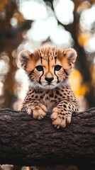 Obraz premium A young cheetah observes the surroundings from a tree branch, illuminated by warm sunset light in a serene natural setting