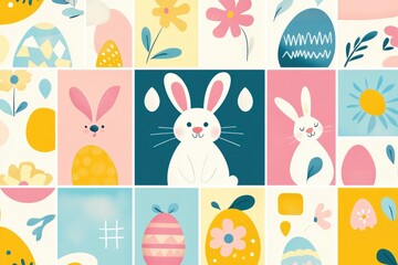 A flat illustration of an Easter-themed pattern with various bunnies, eggs, and flowers in pastel colors, on squares, colorful mosaic, abstract geometric shapes.