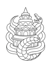 Mythical Serpent Entwined Around an Ancient Temple – Mystical Adult Coloring Page on White Background