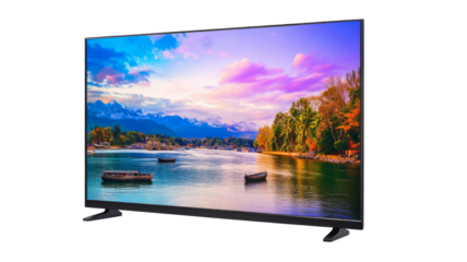 4k tv showing tropical landscape with boats at sunset on transparent background