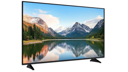 Modern smart tv showing picturesque mountain lake with transparent background