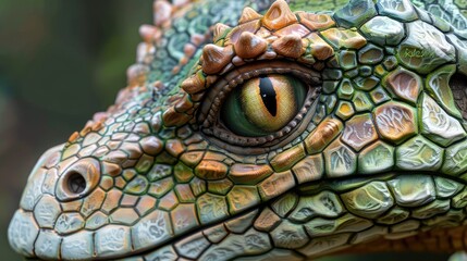 Fototapeta premium Close-up of a vividly colored reptile showcasing intricate scales and a striking eye against a blurred natural background