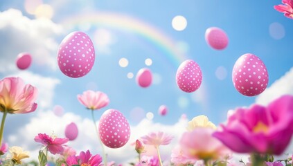 Pink clouds with pink polka-dotted eggs falling from the sky, flowers and a rainbow in the background, Easter theme.
