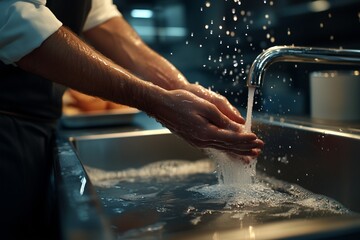 A photorealistic image of a restaurant chef washing hands before cooking. The stainless steel kitchen sink and professional environment are visible.