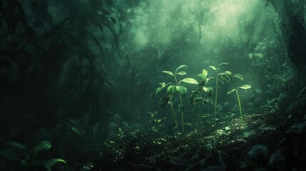 Fototapeta premium Young plants emerging in a mystical forest