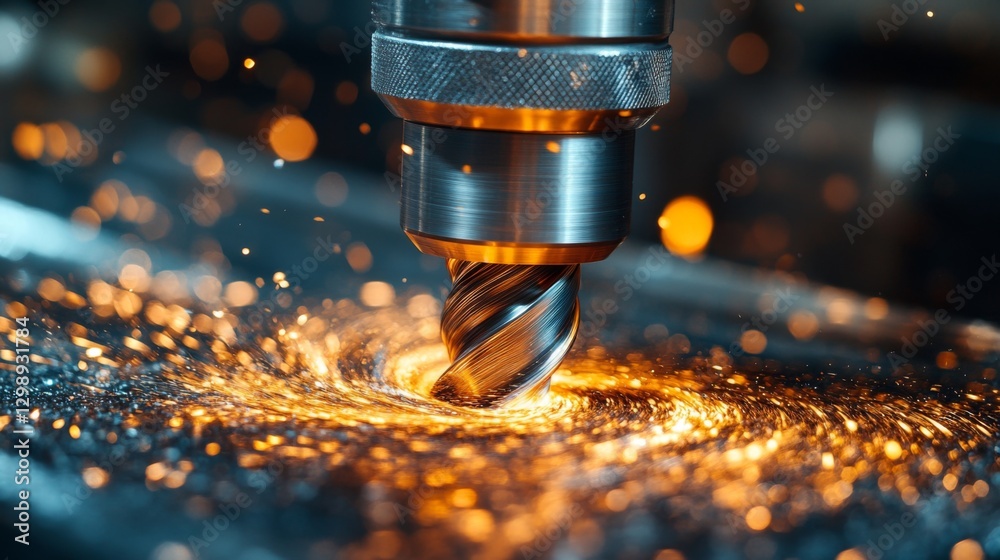 Poster A metal cutting tool operates on a workpiece, generating sparks and enhancing production efficiency in an advanced manufacturing facility during daytime.