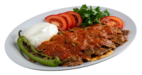 PNG Turkish Döner Iskender Kebab - Tender thin rich slices of döner meat smothered in rich tomato sauce, served over mini cube shaped sliced pide bread pieces and dollop of yoghurt