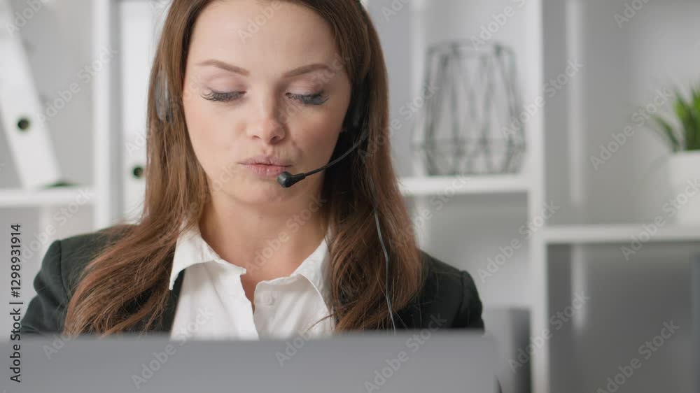 Poster A dedicated and professional Customer Service Representative is engaged in an important call, providing assistance and support while maintaining focus and concentration in the workplace environment