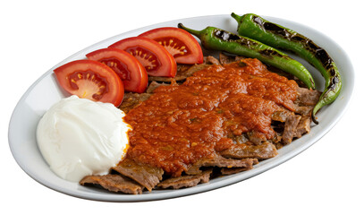 PNG Turkish Döner Iskender Kebab - Tender thin rich slices of döner meat smothered in rich tomato sauce, served over mini cube shaped sliced pide bread pieces and dollop of yoghurt