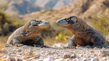 Fototapeta premium Two Komodo Dragons Facing Each Other in Arid Landscape