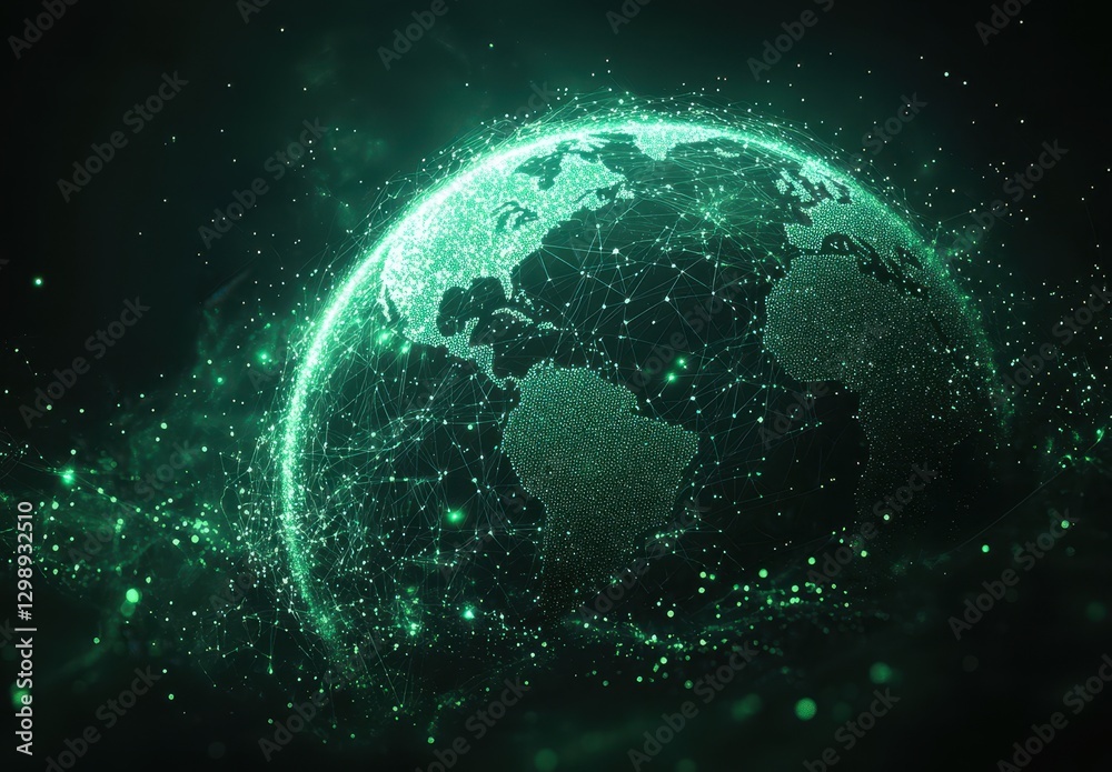 Poster digital representation of a global network with green illumination and connected points showcasing i