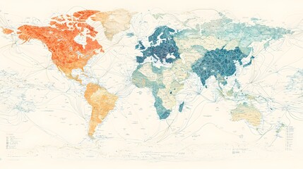 Highly Detailed World Map with Intricate Travel Routes  Flight Paths  and Major Landmarks on Clean White Background