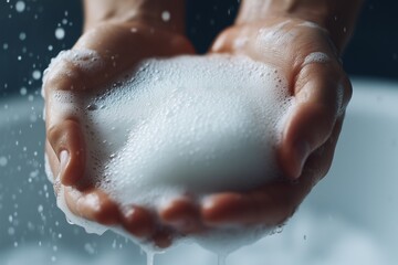 Fototapeta premium A realistic close-up shot of hands lathered in white foamy soap, with visible bubbles and skin texture
