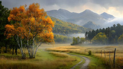 Obraz premium Autumnal valley path, misty mountains, golden foliage, scenic landscape, nature wallpaper
