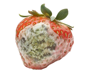 moldy strawberry with slimy texture and green fungal growth, spoiled berry with decayed surface and rotting interior, decomposing fruit with visible deterioration, on isolated background
