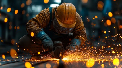 A worker in protective gear is grinding metal on the factory floor, generating bright sparks in the dimly lit environment. The focus is on the craftsmanship and safety.