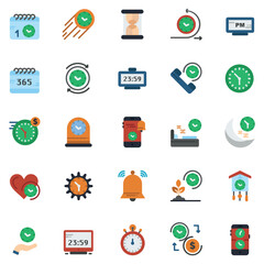 Set of colorful time management, clock and time clock icons. Timer, speed, alarm, recovery, time management, calendar and more. Isolated collection of time icons for websites. Vector illustration