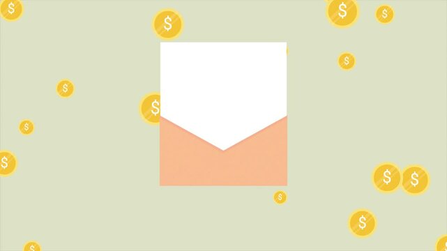 Animation of opening an brown envelope with blank paper from which gold coins with dollar sign fly out. Empty space for your text. Modern flat design illustration in light green background.
