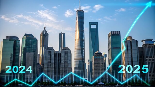 Shanghai skyline with upward trend graph, 2024 2025.