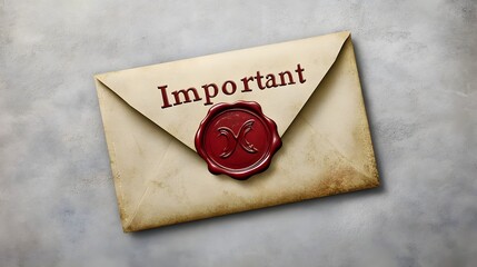 Vintage envelope with a wax seal marked 'Important' resting on a textured background
