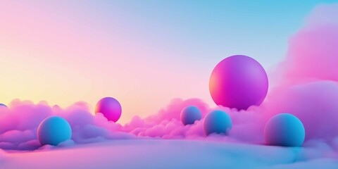 Vibrant neon fog blending into soft pastel gradients creates a surreal abstract aesthetic in a dreamlike atmosphere with colorful spheres