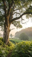 Fototapeta premium Majestic Ancient Tree Landscape Photography Sunrise Path, Misty Valley