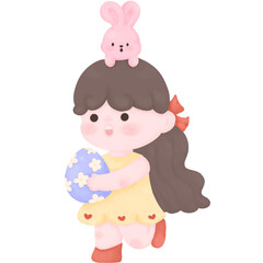 Cute girl holding an Easter egg in a pastel festive illustration for spring
