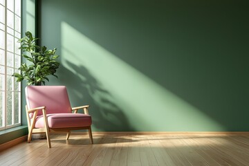 Bright room with green wall, wooden floor, and pink modern armchair, creating a serene and stylish interior mockup ideal for relaxation or creative inspiration