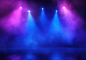 Dramatic Stage Lighting with Colorful Pink and Blue Spotlights Over a Foggy Backdrop for Theatrical Performances and Dance Events