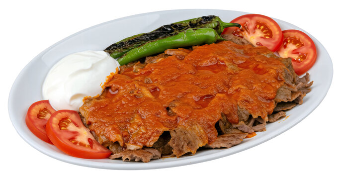 PNG Turkish D&ouml;ner Iskender Kebab - Tender thin rich slices of d&ouml;ner meat smothered in rich tomato sauce, served over mini cube shaped sliced pide bread pieces and dollop of yoghurt