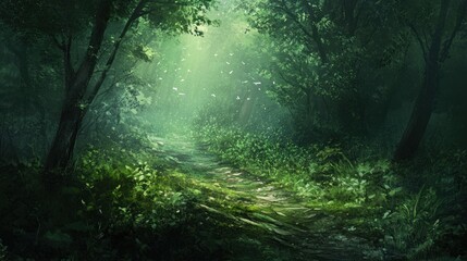 Obraz premium Misty forest path with flying insects