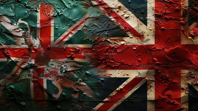 A textured representation of the Welsh and British flags, showcasing vibrant colors and weathered surfaces
