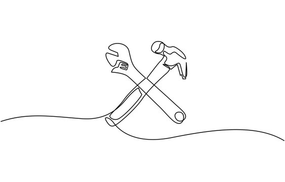 Adjustable wrench and hammer continuous one line drawing vector illustration, Continuous one line drawing of hammer and wrench - carpentry equipment. Crossed hammer and wrench in single line draw.