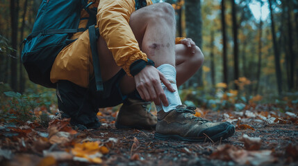 A traveler applying antiseptic to a wound on their leg after falling while hiking in a remote forest, adventure survival theme, warm natural light