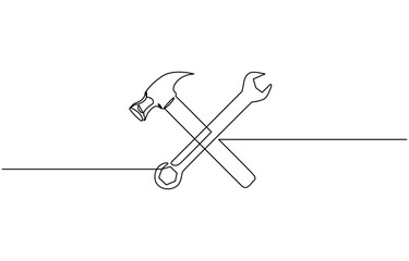 Adjustable wrench and hammer continuous one line drawing vector illustration, Continuous one line drawing of hammer and wrench - carpentry equipment. Crossed hammer and wrench in single line draw.
