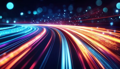 Obraz premium Dynamic and Colorful Motion Blurs in a Digital Abstract Background with Light Trails and Dazzling Bokeh Effects for Creative Projects