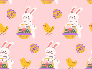 Seamless Easter pattern with cute bunny holding a basket of colorful eggs, yellow chicks, and decorated eggs on a pink background, perfect for festive designs, greeting cards, and holiday decor.