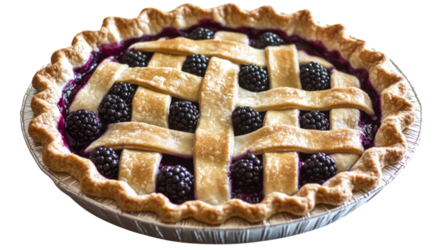 Delicious blackberry pie baking showing crust and filling on transparent background