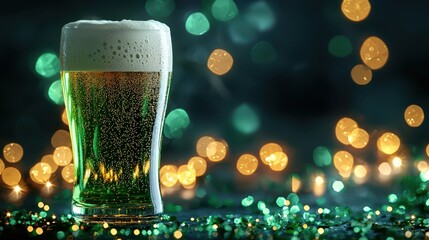 Green beer celebration craft St. Patrick's day concept. A frosty glass of beer with bubbles, set against a backdrop of colorful bokeh lights, creates a festive and inviting atmosphere.