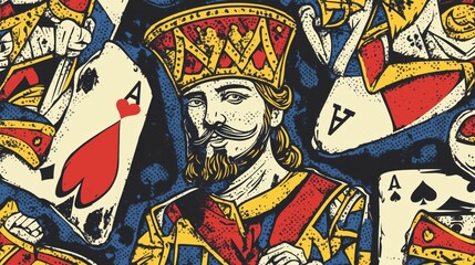 Fototapeta premium A vintage illustration of the King of Hearts surrounded by playing cards.