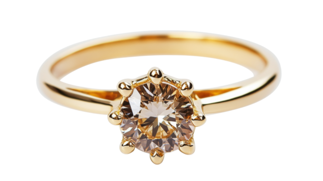 Golden ring showing large champagne diamond on transparent background